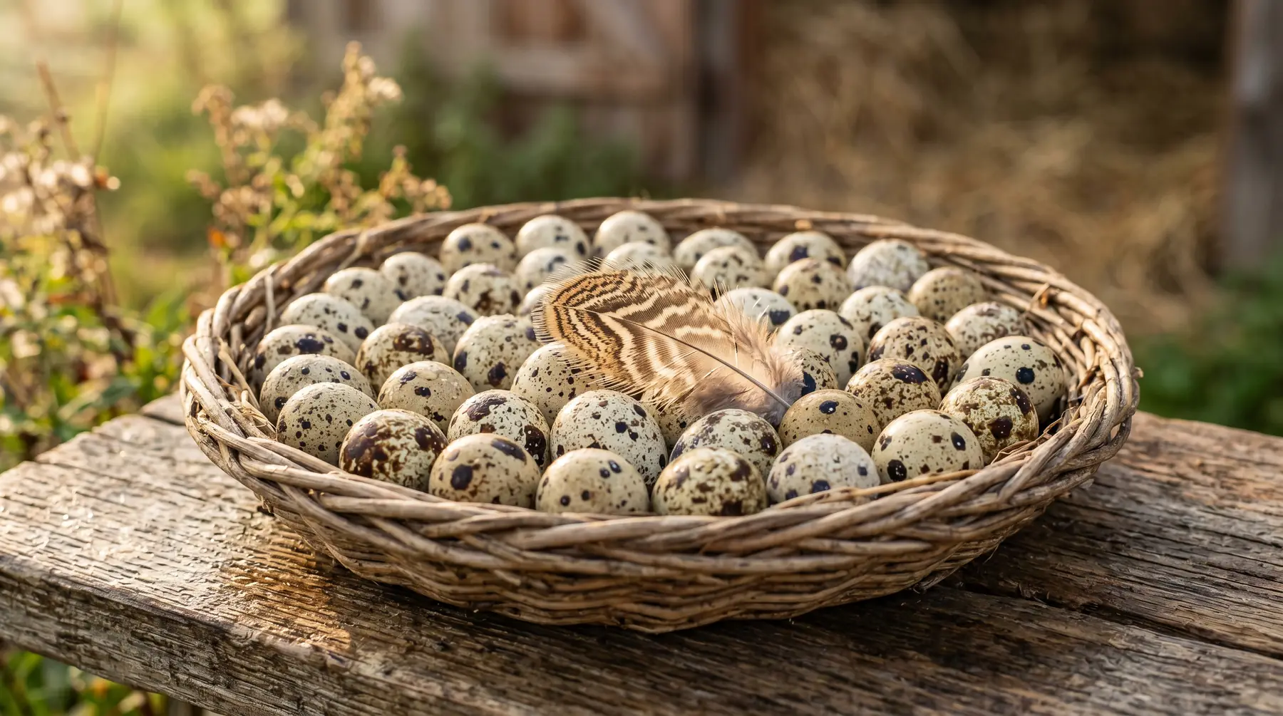 A basket of fresh speckled quail eggs.