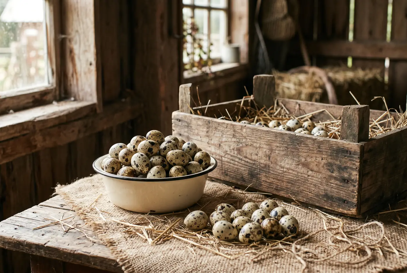 Fresh speckled quail eggs in an enamel bowl beside straw in a rustic barn.